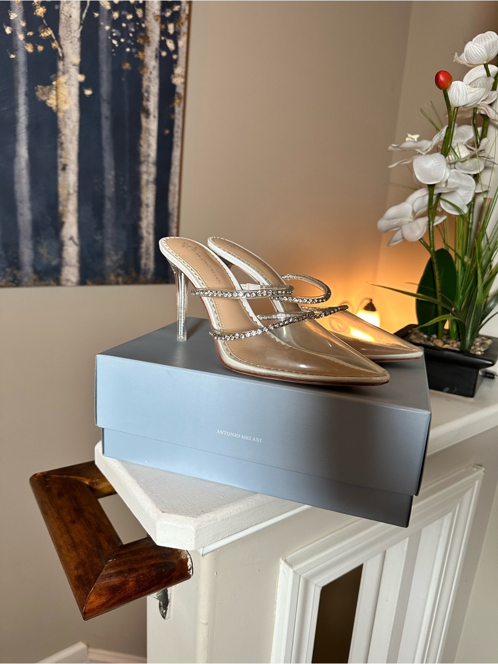 ANTONIO MELANI Nude Clear Rhinestone Strap Stiletto Mules